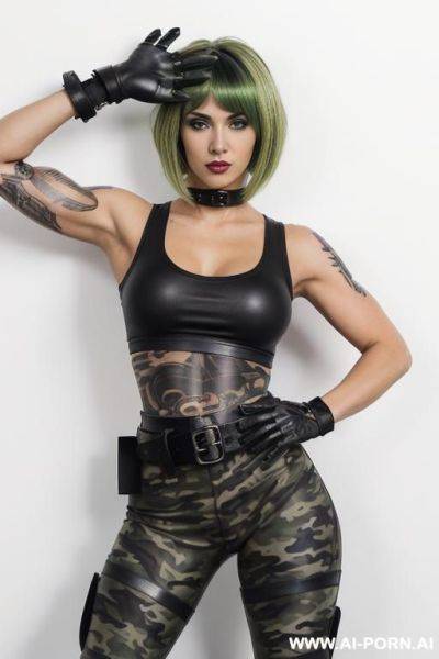 ((beautiful gothic woman with athletic body, athletic build, gorgeous figure, wide hips, natural breasts, short haircut with long strands on the bangs, poimanous green hair color, expressive thick - ai-porn.ai on pornintellect.com