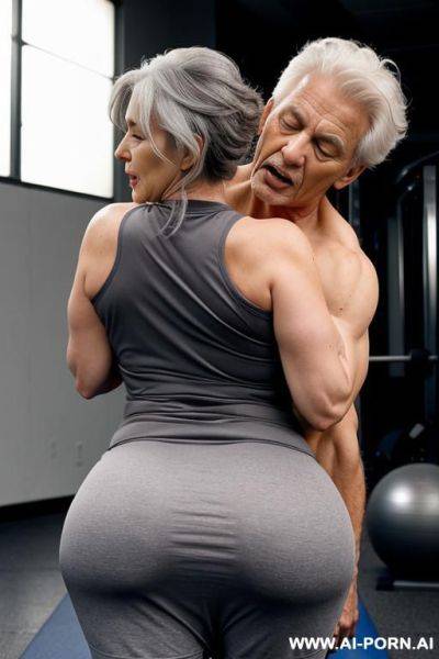 A very old lady, shocked face, gray messy hair, curvy body in a gym dress, is groped with passion from behind by a stranger man male simulating sexual intercourse during a stretching session - ai-porn.ai on pornintellect.com