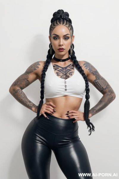 ((beautiful gothic woman with athletic body, athletic build, gorgeous figure, wide hips, natural breasts, dark blue hair braided in a braid , expressive thick black eyebrows,)) ((body covered with - ai-porn.ai on pornintellect.com