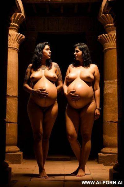 Two women, indian, sad, lactation, pregnant, big natural boobs, nude in a dark egiptian temple, tatoos, at night, ritual, lesbian - ai-porn.ai - India on pornintellect.com