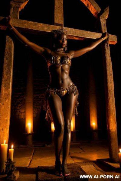 African princess, sad, crucified, in a dark temple - ai-porn.ai on pornintellect.com