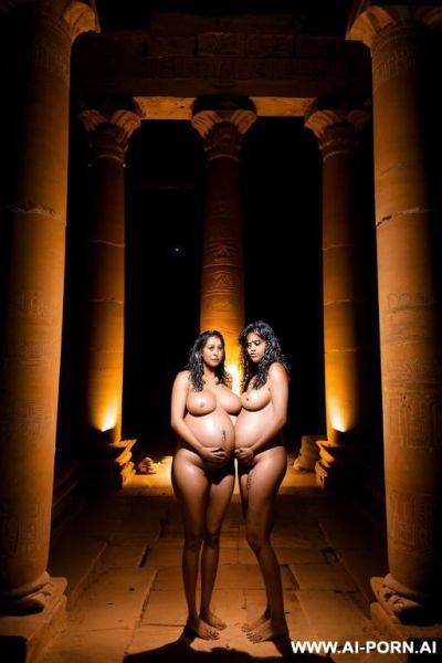 Two women, indian, sad, lactation, pregnant, big natural boobs, nude in a dark egiptian temple, tatoos, at night, ritual - ai-porn.ai - India on pornintellect.com