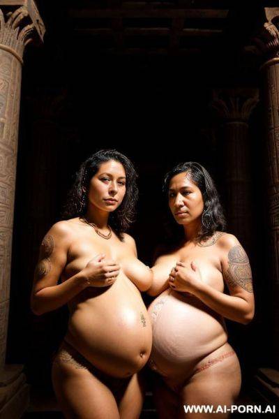 Two women, hawaian, sad, lactation, pregnant, big natural boobs, nude in a dark egiptian temple, tatoos, at night, ritual - ai-porn.ai on pornintellect.com