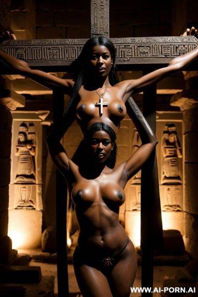 Ebony princess crucified in a cross, big saggy boobs, in a dark egiptian temple - ai-porn.ai on pornintellect.com