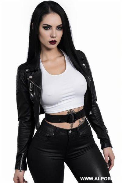 ((beautiful gothic woman with athletic body, athletic build, gorgeous figure, wide hips, natural breasts, straight white long hair, expressive thick black eyebrows,)) ((body covered with tattoos, white - ai-porn.ai on pornintellect.com