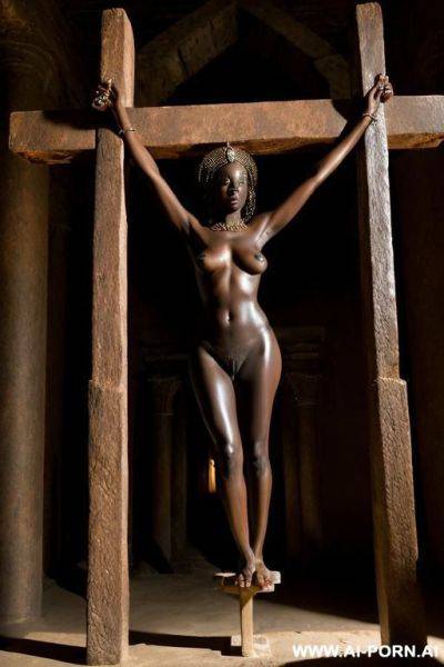 African princess, nude, sad, crucified, in a dark temple - ai-porn.ai on pornintellect.com