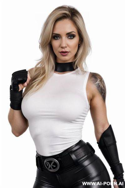 ((beautiful gothic woman with athletic body, athletic build, gorgeous figure, wide hips, natural breasts, expressive thick black eyebrows,)) ((body covered with tattoos, white skin, she is wearing a - ai-porn.ai on pornintellect.com