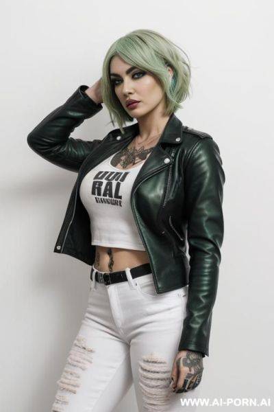 ((beautiful gothic woman with athletic body, athletic build, gorgeous figure, wide hips, natural breasts, light green hair , expressive thick black eyebrows,)) ((body covered with tattoos, white skin, - ai-porn.ai on pornintellect.com