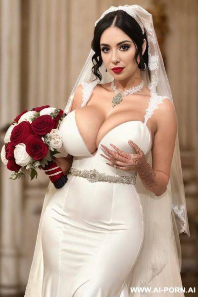 Agressive makeup, red lipstick, skin, black stockings, black elbow lenght gloves, black bride veil, pressing large bouquet of red roses to her chest - ai-porn.ai on pornintellect.com