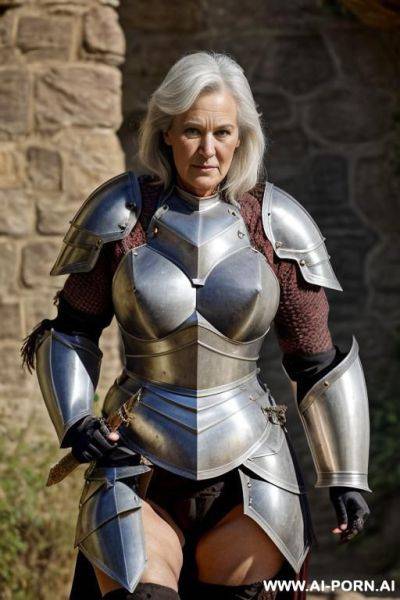 Wrinkly old gilf, high fantasy, (((wearing armor))), carrying a sword, hairy pussy, nude - ai-porn.ai on pornintellect.com