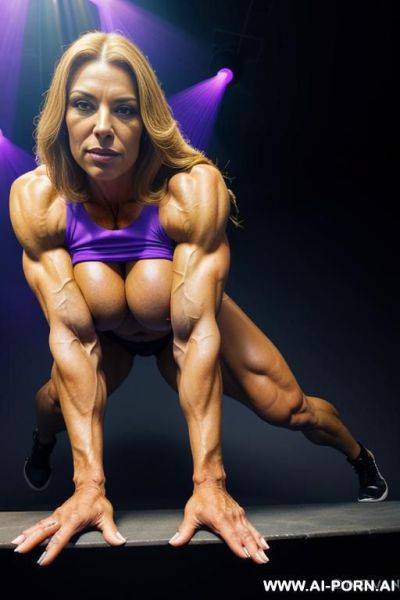 Beautiful and sexy female bodybuilder showing off her huge massive muscular legs and her naked boobs and her wet pussy - ai-porn.ai on pornintellect.com