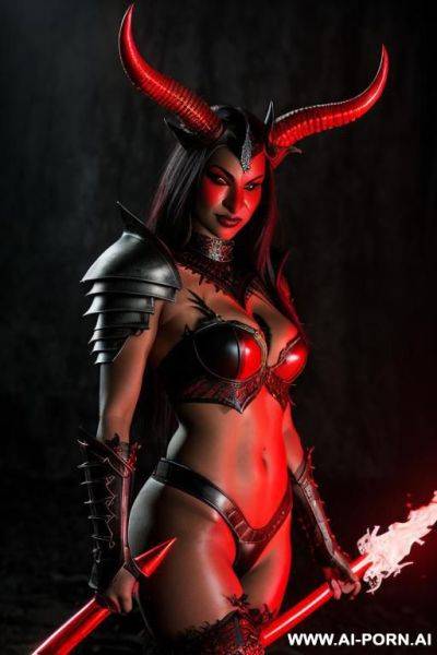 Fantasy style, athletic demon, red skin, horns, wearing black armor - ai-porn.ai on pornintellect.com