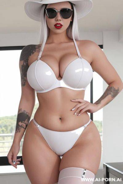 Sexy woman, skin, white tattoos, white hat, sunshine bright day, sexy look, bbw, oiled skin, white hair, thick thighs, white bikini, partially nude - ai-porn.ai on pornintellect.com