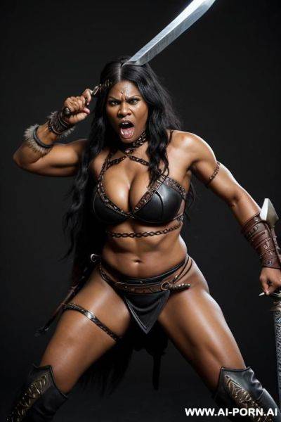 Black woman, ((barbarian woman)), angry face, swinging sword - ai-porn.ai on pornintellect.com