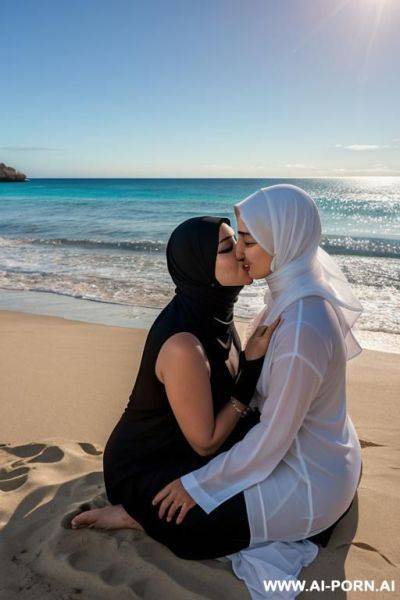 Lesbian woman sitting beside the beach kissing a hijab lesbian women from her mouth - ai-porn.ai on pornintellect.com