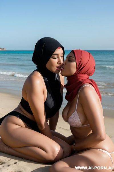 Lesbian woman with a pikiny sitting beside the beach kissing a hijab lesbian women from her mouth and playing with her pussy - ai-porn.ai on pornintellect.com