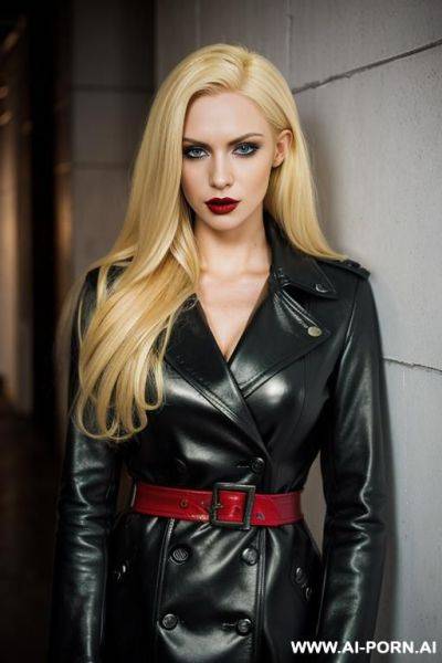 Vampire look. bright red eyes. wearing a long black leather coat. - ai-porn.ai on pornintellect.com