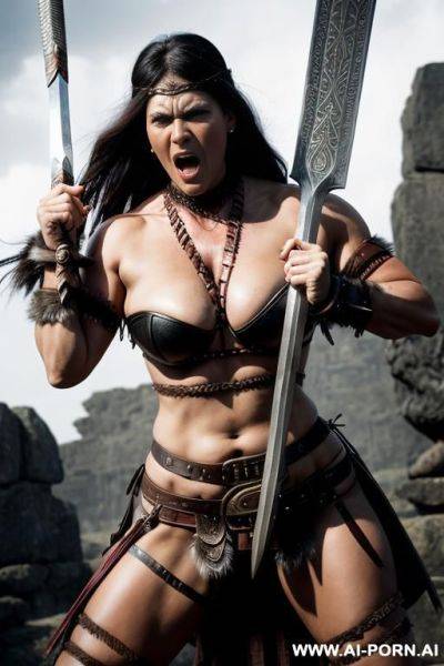 ((barbarian woman)), angry face, swinging sword - ai-porn.ai on pornintellect.com