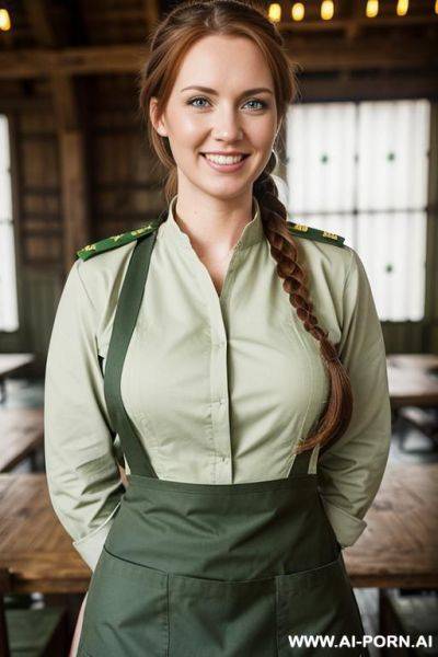 (place: dim mess hall); (wearing "green military uniform" and "white apron") - ai-porn.ai on pornintellect.com