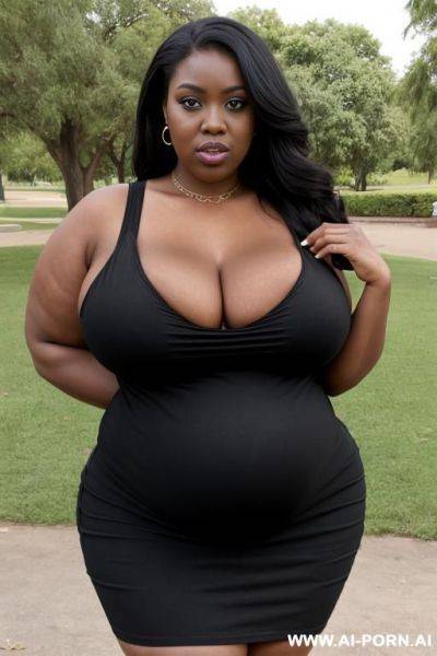 A very fat black woman, she has a big belly, she has huge saggy breast, she is wearing a black dress, standing at the park - ai-porn.ai on pornintellect.com