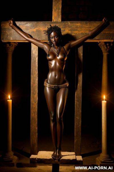 African princess, sad, crucified, in a dark temple - ai-porn.ai on pornintellect.com