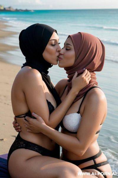 A lesbian sexy woman with a pikiny sitting beside the beach kissing a hijab lesbian women from her mouth and playing with her pussy - ai-porn.ai on pornintellect.com