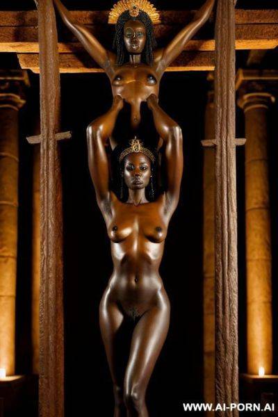 African princess, nude, sad, crucified, in a dark temple - ai-porn.ai on pornintellect.com