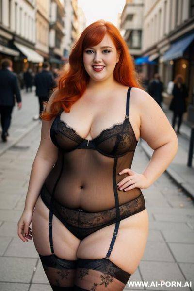 Full body photo shot, about at street at morning, fat bbw woman, wearing a sexy and hot blue lace stocking lingeries, she is ona sexy pose, people around - ai-porn.ai on pornintellect.com