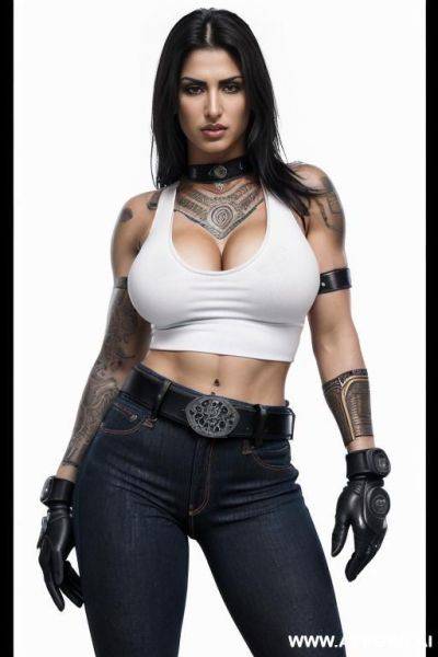 ((beautiful face, sexy woman, beautiful woman with athletic body, athletic build, muscular, gorgeous figure, wide hips, natural breasts, expressive thick black eyebrows)) ((body covered with tattoos, - ai-porn.ai on pornintellect.com