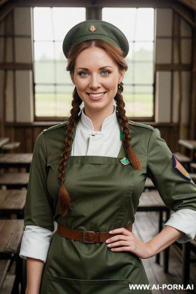 (place: dim mess hall); (wearing "green military uniform, top opened" and "white apron", ) - ai-porn.ai on pornintellect.com