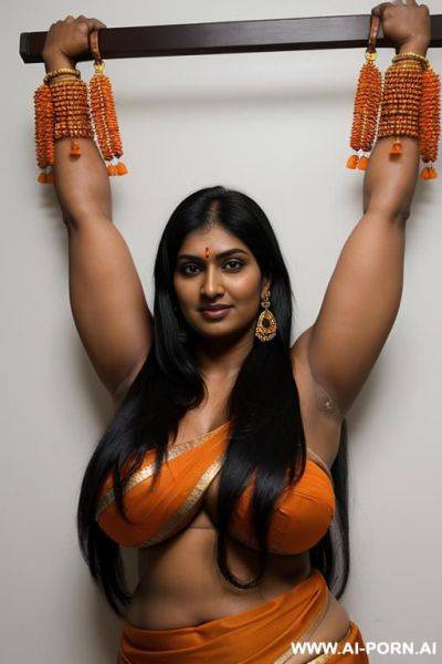 Indian woman, very dark skin, long black hair, massive breasts, (((very thick arms))), extremely thick upper_arms, massive boobs, hairy pussy, black armpit hair, wearing an orange sari, (((((both arms up))))), crucified - ai-porn.ai - India on pornintellect.com