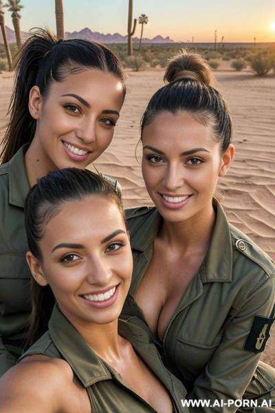 (desert sanctuary, palm trees, water); twins, olive skin, enjoying the sun, military jumpsuit, cleavage - ai-porn.ai on pornintellect.com