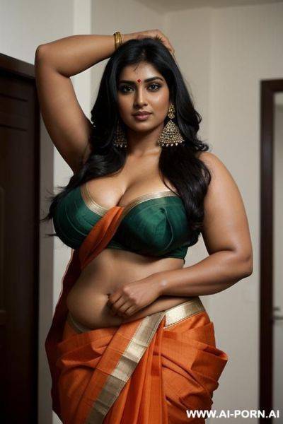 Indian woman, very dark skin, long black hair, massive breasts, (((very thick arms))), extremely thick upper_arms, massive boobs, hairy pussy, black armpit hair, wearing an orange sari, both arms up - ai-porn.ai - India on pornintellect.com