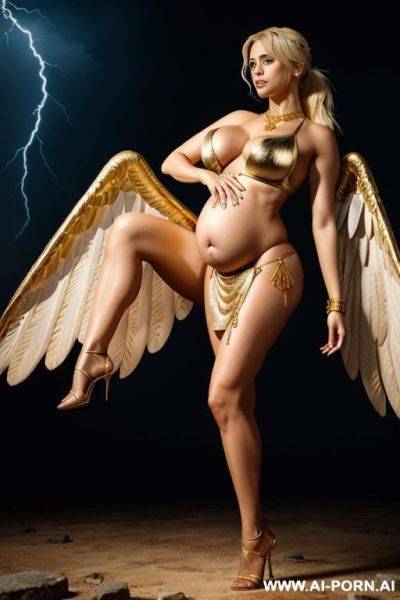 Pregnant goddess of lightning, massive boobs, white roman toga, toned body, gold necklace, gold bracelets, angle wings, lightning temple, shooting lightning, show full body - ai-porn.ai on pornintellect.com