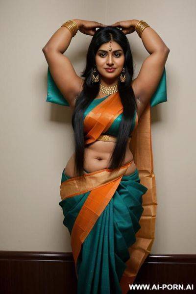 Indian woman, very dark skin, long black hair, massive breasts, (((very thick arms))), extremely thick upper_arms, massive boobs, hairy pussy, black armpit hair, wearing an orange sari, (((((both arms up))))) - ai-porn.ai - India on pornintellect.com