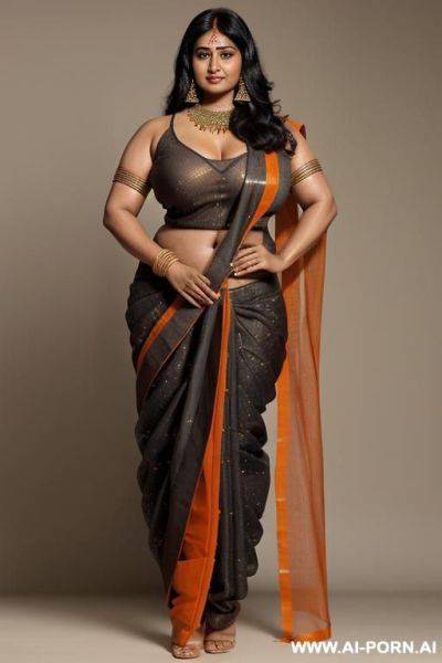 Indian woman, very dark skin, long black hair, massive breasts, (((very thick arms))), extremely thick upper_arms, massive boobs, hairy pussy, black armpit hair, wearing an orange transparent sari - ai-porn.ai - India on pornintellect.com