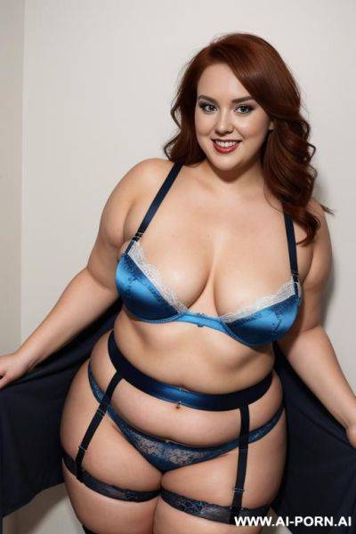 Full body photo shot from dinamyc angle, photo studio, fat bbw curvy woman, wearing a sexy and hotcblue garter belt lingeries, she is stand up - ai-porn.ai on pornintellect.com