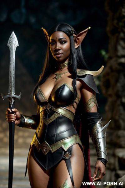 Fantasy setting, (((elf))), (((black skin))), elven ears, ((wearing elf armor)), holding sword - ai-porn.ai on pornintellect.com