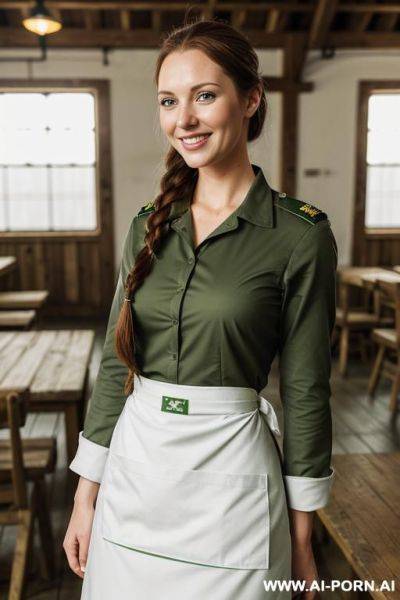 (place: dim mess hall); (wearing "green military uniform" and "white apron") - ai-porn.ai on pornintellect.com