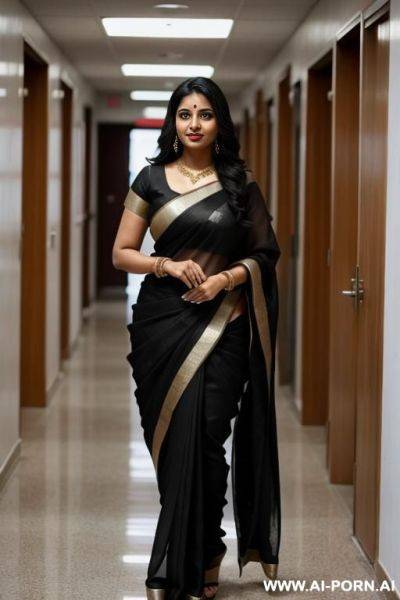 Indian women black 0 thick and busty wearing black saree walking in to class - ai-porn.ai - India on pornintellect.com