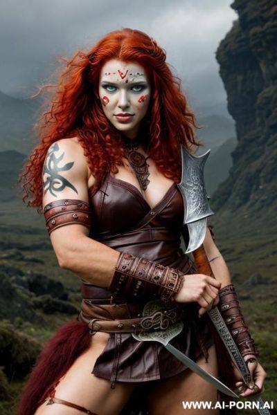 Fantasy setting, barbarian, curly red hair, strong pose, holding sword, face paint - ai-porn.ai on pornintellect.com