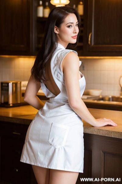 Naked waitress, wearing a short old apron waitress uniforms, showing perfect round butt, back view, rich mansion - ai-porn.ai on pornintellect.com