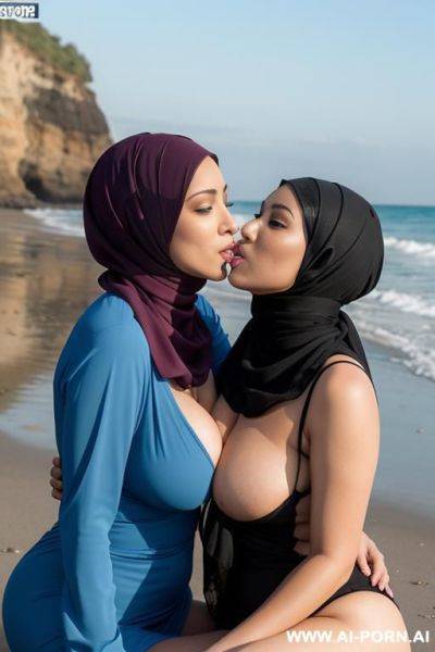 Lesbian woman with a pikiny sitting beside the beach kissing a hijab lesbian women from her mouth and playing with her pussy - ai-porn.ai on pornintellect.com