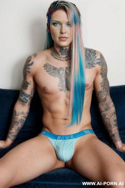 Blue underwear, shaved temples, long hair, trans flag colored hair, nude - ai-porn.ai on pornintellect.com