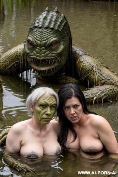 (((lesbian couple))), both female ((swamp monster)) - ai-porn.ai on pornintellect.com