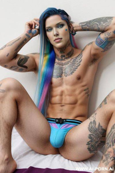 Blue underwear, shaved temples, long hair, trans flag colored hair - ai-porn.ai on pornintellect.com