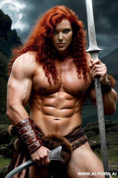 Fantasy setting, barbarian, curly red hair, strong pose, holding sword, large penis - ai-porn.ai on pornintellect.com