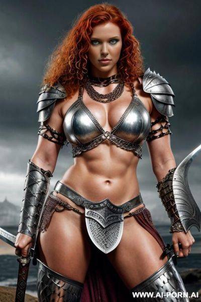 Fantasy setting, female barbarian, curly ginger hair, silver chain mail bikini armor, strong pose, holding sword, - ai-porn.ai on pornintellect.com