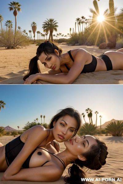 (desert sanctuary, palm trees); twins, olive skin, enjoying the sun - ai-porn.ai on pornintellect.com