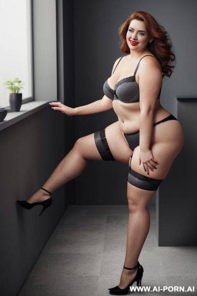 Full body photo shot from dinamyc angle, photo studio, fat bbw curvy woman, wearing a sexy and hot blue garter belt lingeries, she is stand up, wearing a cuppless bra, red lips. - ai-porn.ai on pornintellect.com